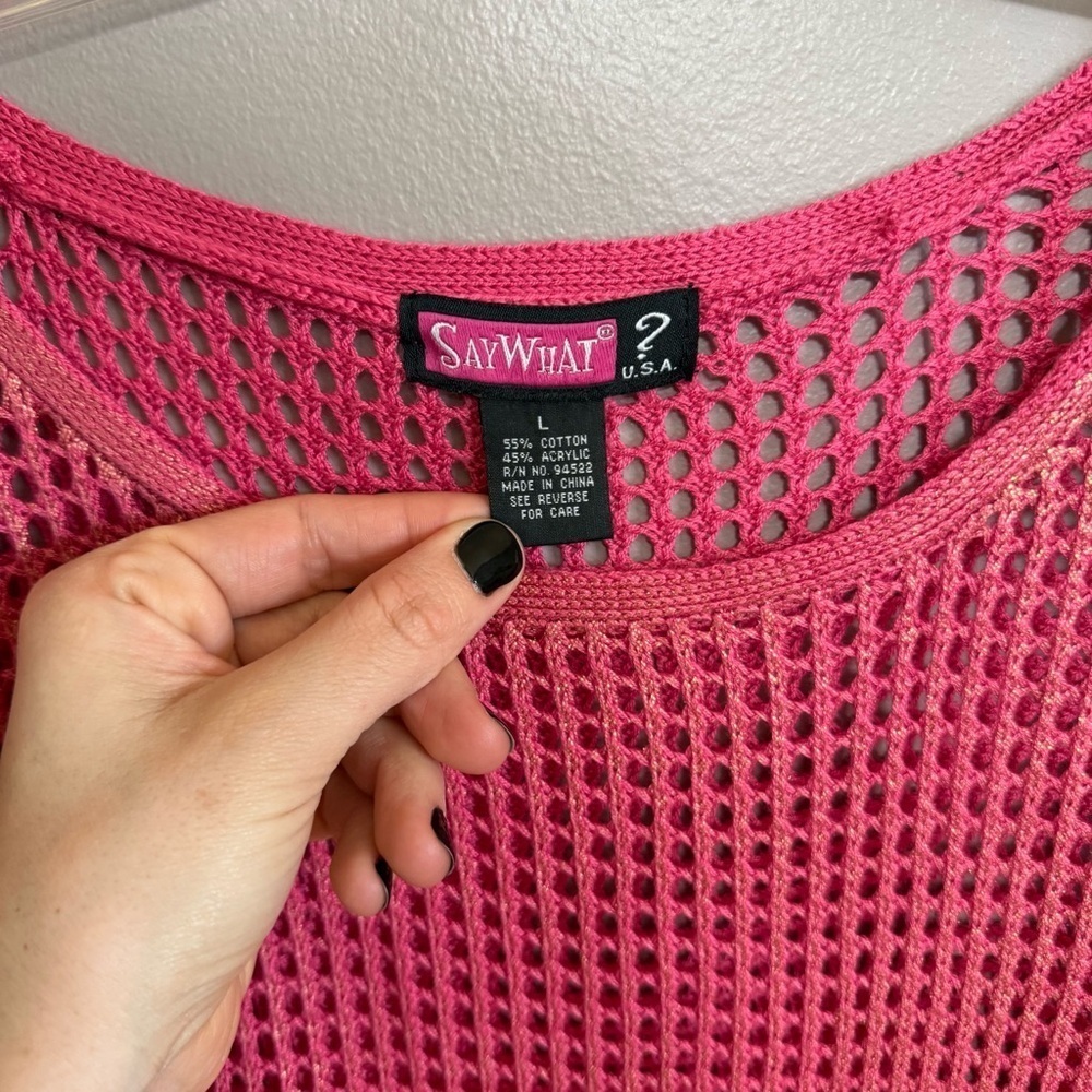 Y2K Say What Pink Sheer Crochet Knit Top - Picture 5 of 5